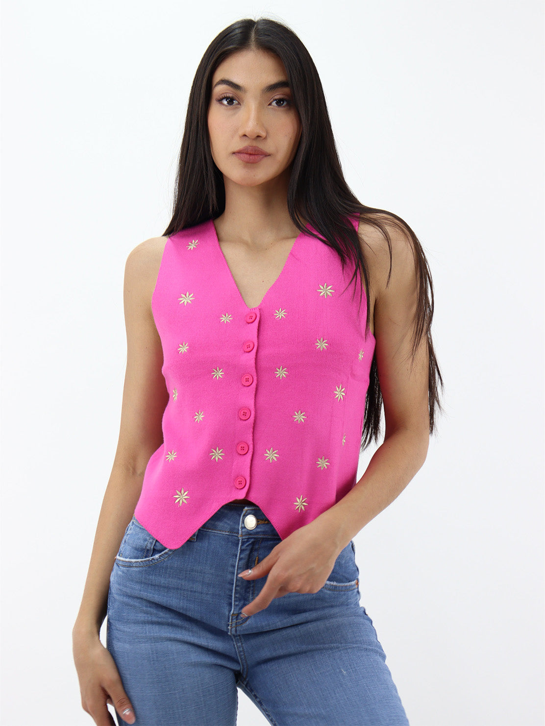 Chaleco fucsia en cuello V con detalle floral