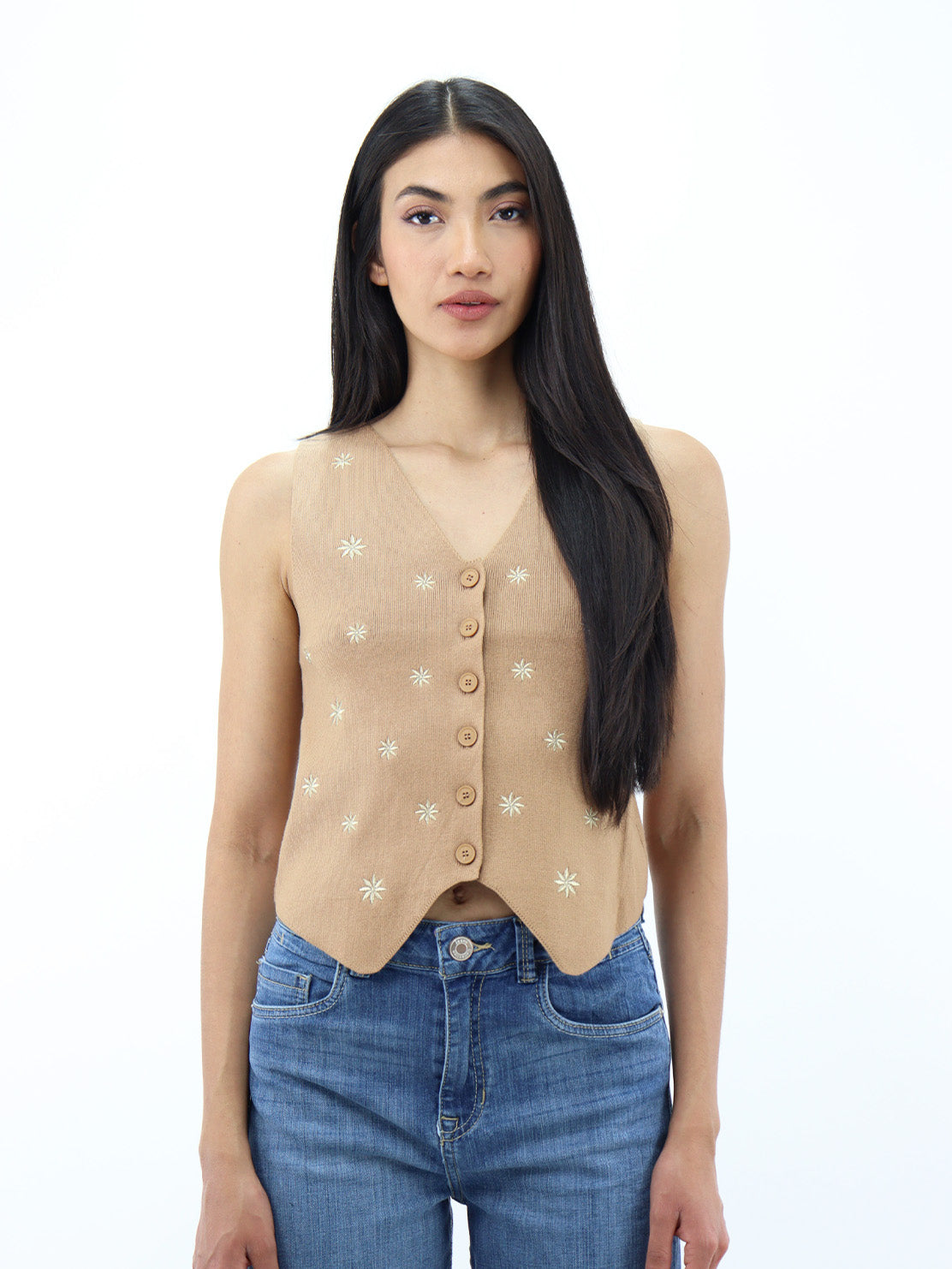 Chaleco khaki cuello V con detalle de floral