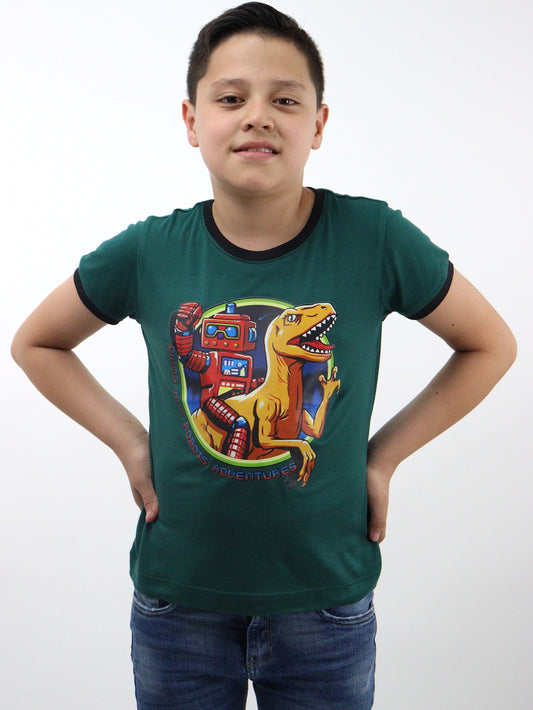 Playera manga corta de color verde con print de dinosaurio