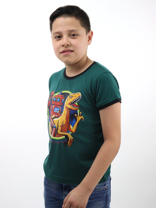 Playera manga corta de color verde con print de dinosaurio