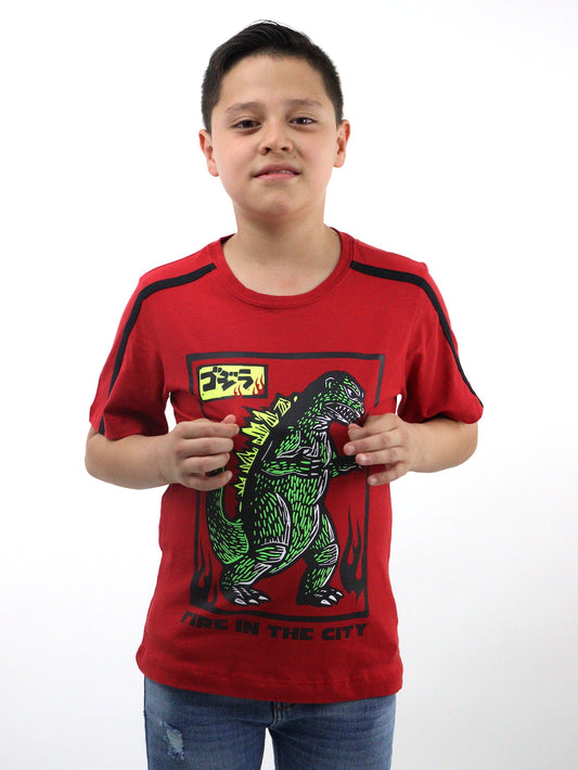 Playera manga corta de color rojo con estampado