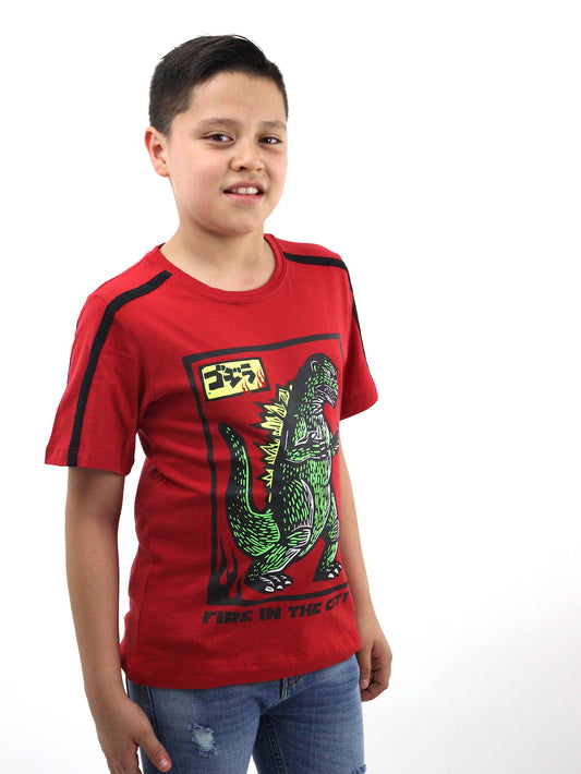 Playera manga corta de color rojo con estampado