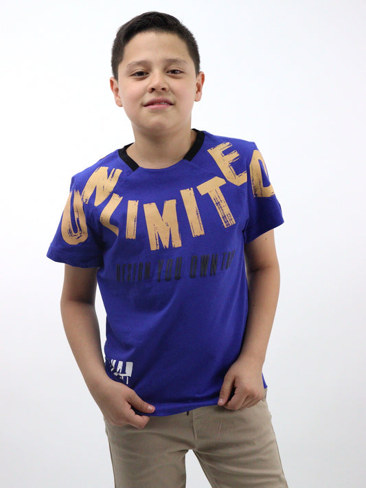 Playera manga corta de color azul con estampado