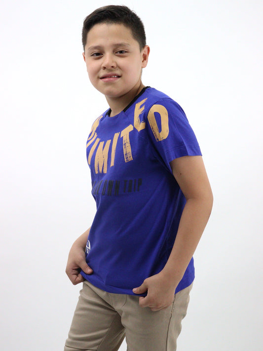 Playera manga corta de color azul con estampado