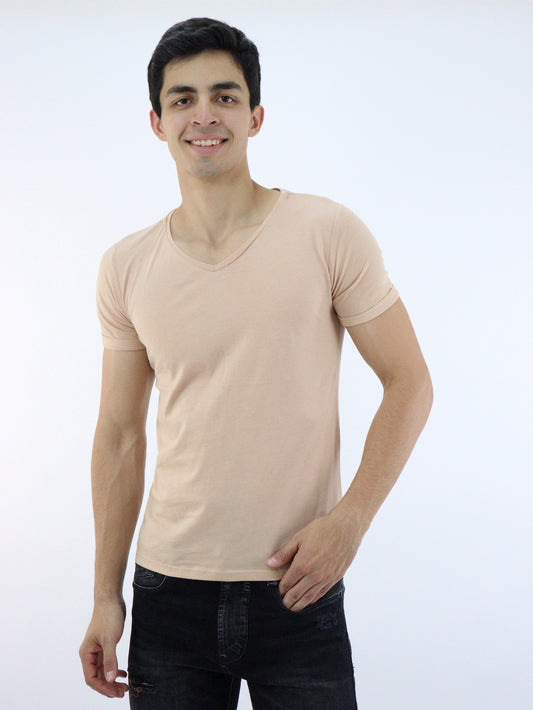 Playera manga corta de color ocre con cuello V