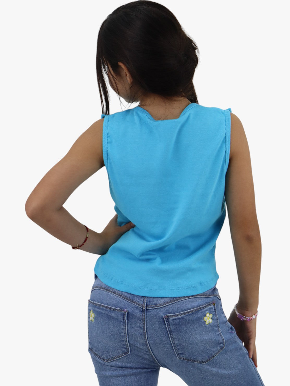 Playera tank de color azul turquesa con diseño de moños