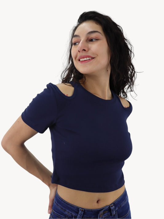 Playera de hombro caído color azul marino