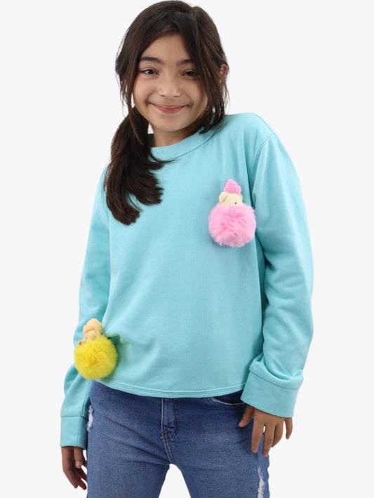 Sudadera con pompones de color azul turquesa