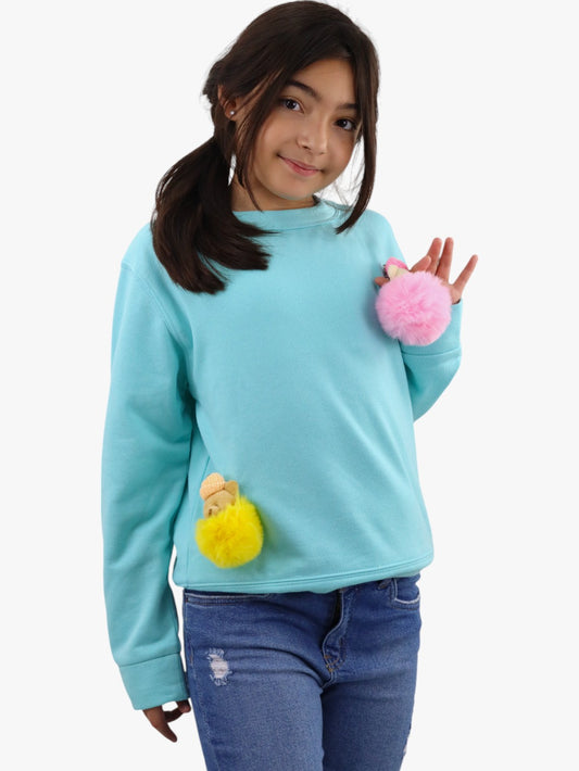 Sudadera con pompones de color azul turquesa
