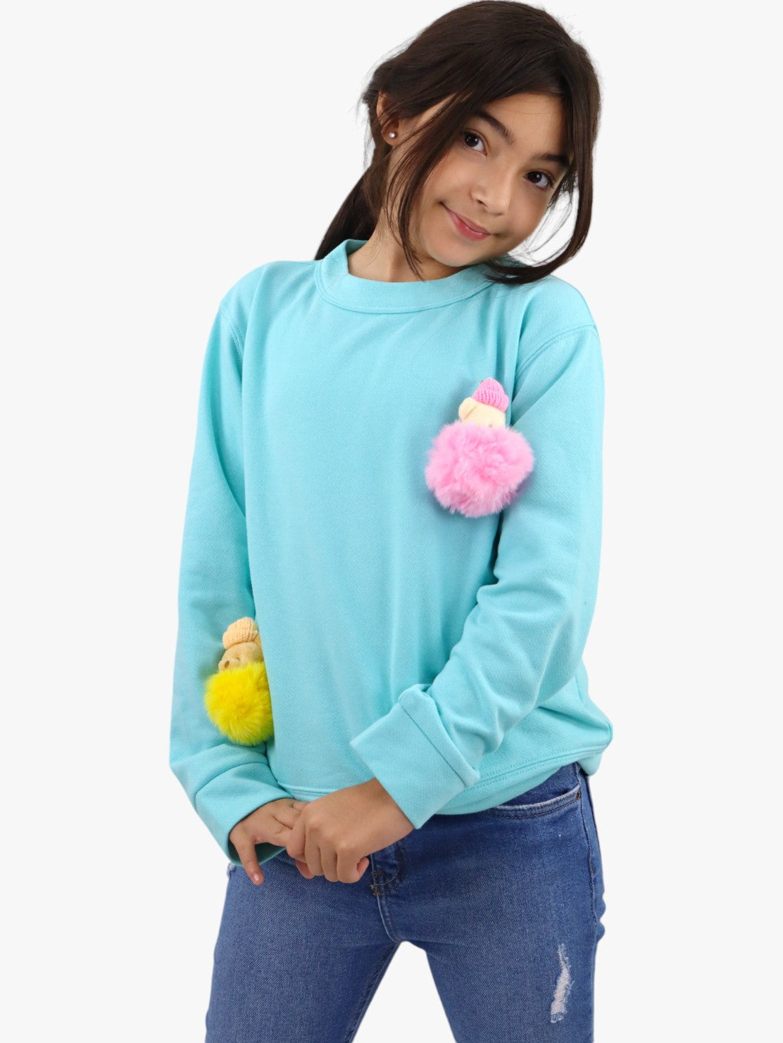 Sudadera con pompones de color azul turquesa