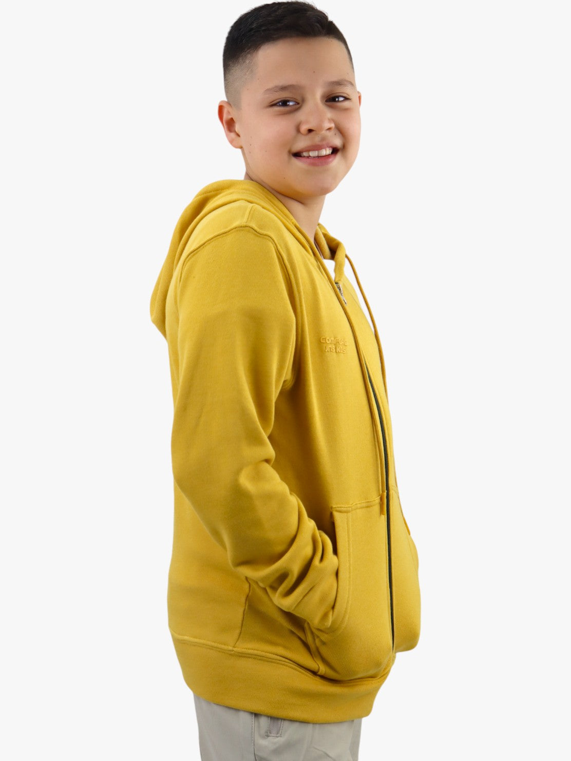 Sudadera con cremallera de color amarillo mostaza