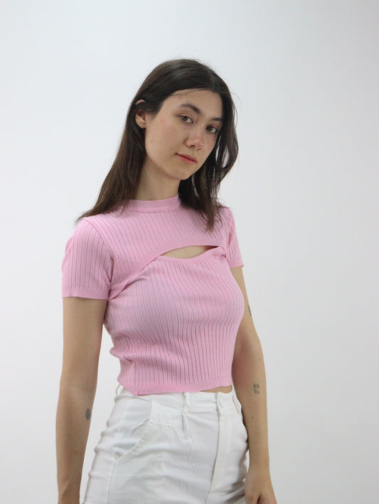 Blusa de punto manga corta color rosa con abertura