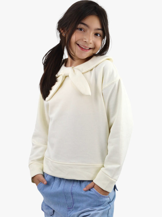 Sudadera cerrada con detalle de moño color hueso