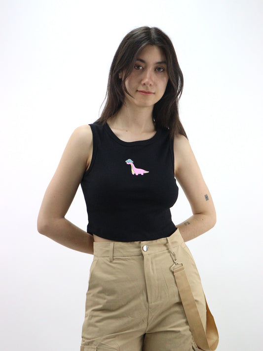Playera tank de color negro con estampado de dinosaurio