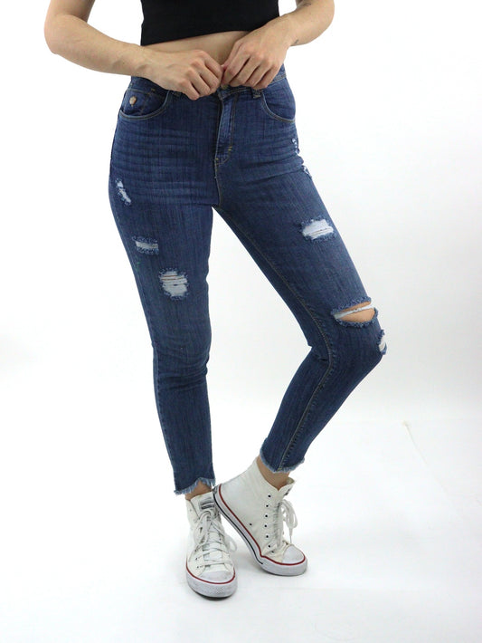 Jeans tobillero de color azul oscuro con destrucción (NUEVA TEMPORADA)