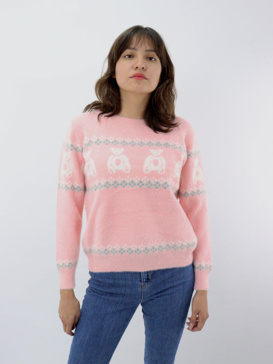 Suéter cerrado de color rosa con print de osos