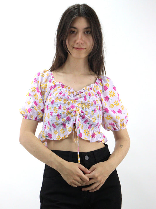Blusa con estampado floral y cordón delantero