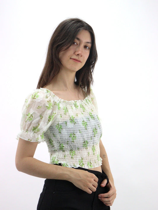Blusa manga abullonada ajustada con estampado floral y fruncido