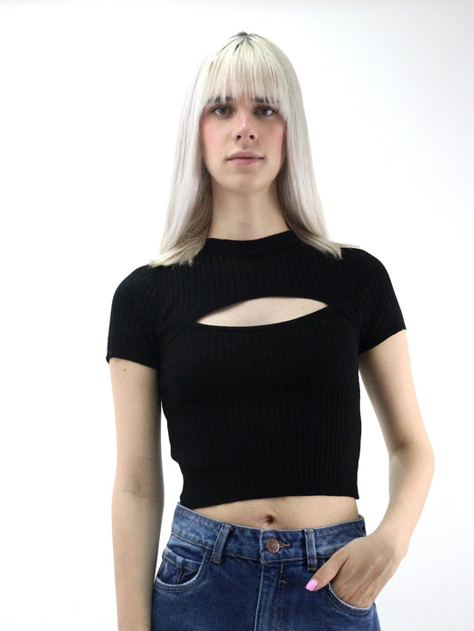 Blusa de punto manga corta color negro con abertura