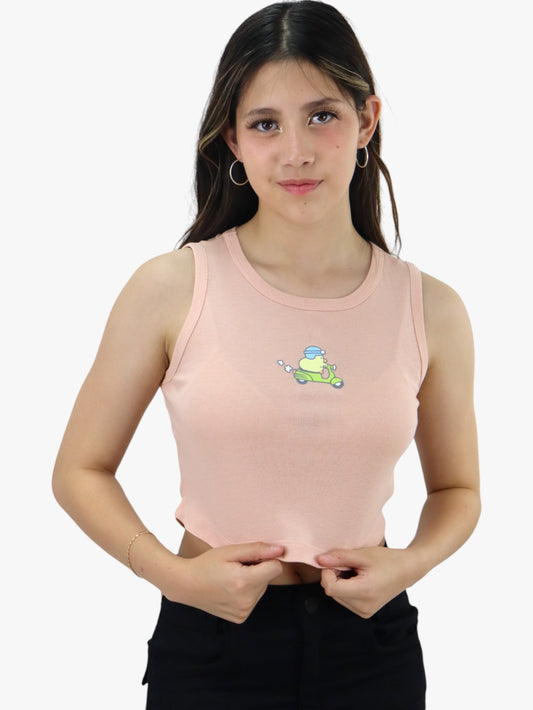 Playera tank de color rosa palo con estampado