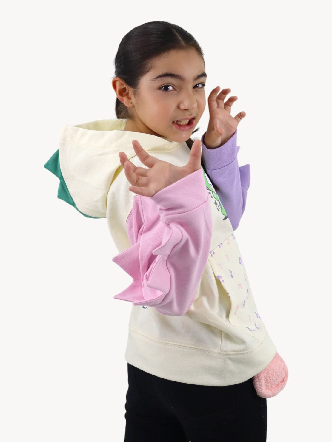 Sudadera multicolor con diseño en capucha de dinosaurio