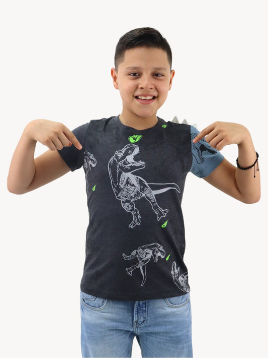 Playera gris con diseño de dinosaurio