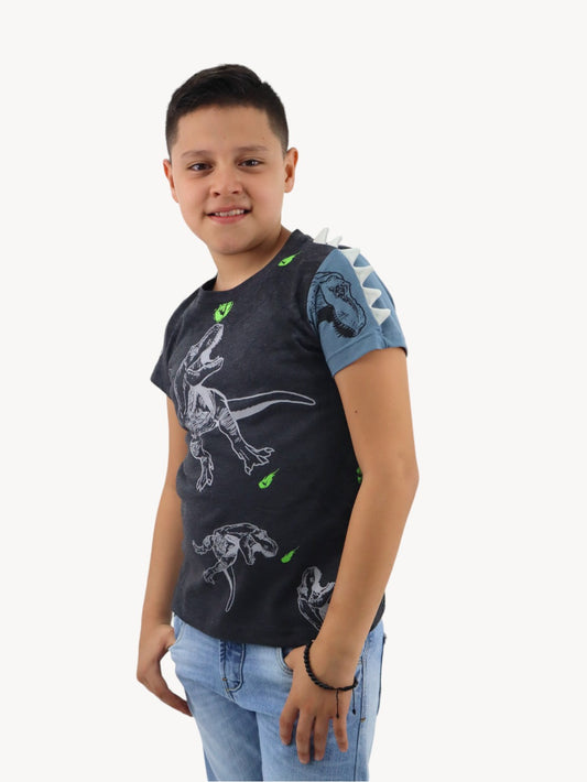 Playera gris con diseño de dinosaurio