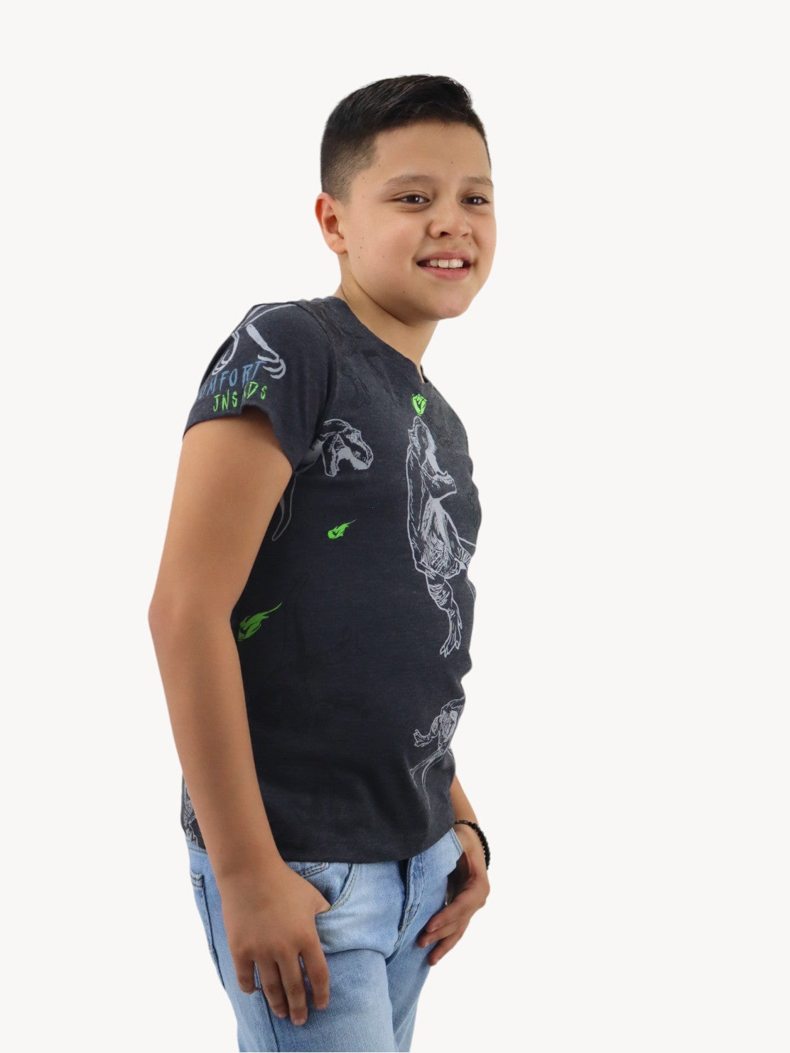 Playera gris con diseño de dinosaurio