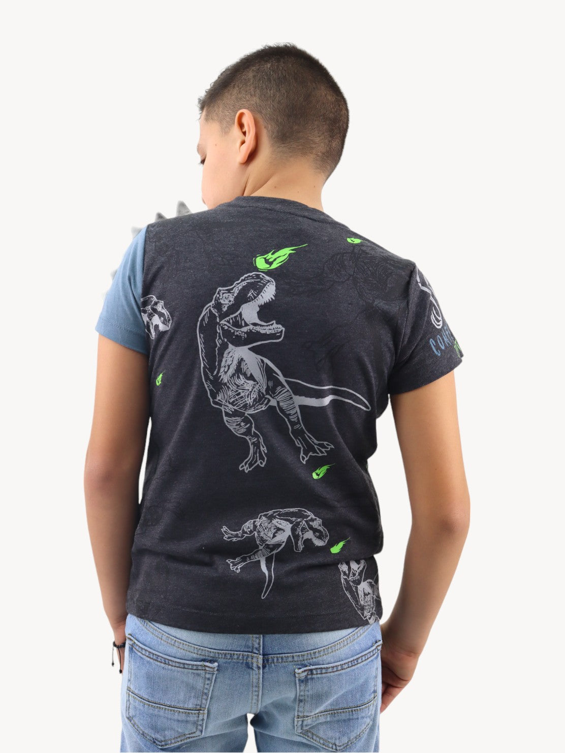 Playera gris con diseño de dinosaurio