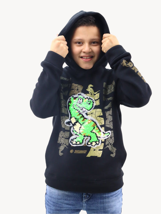 Sudadera cerrada de color negro con figura de dinosaurio