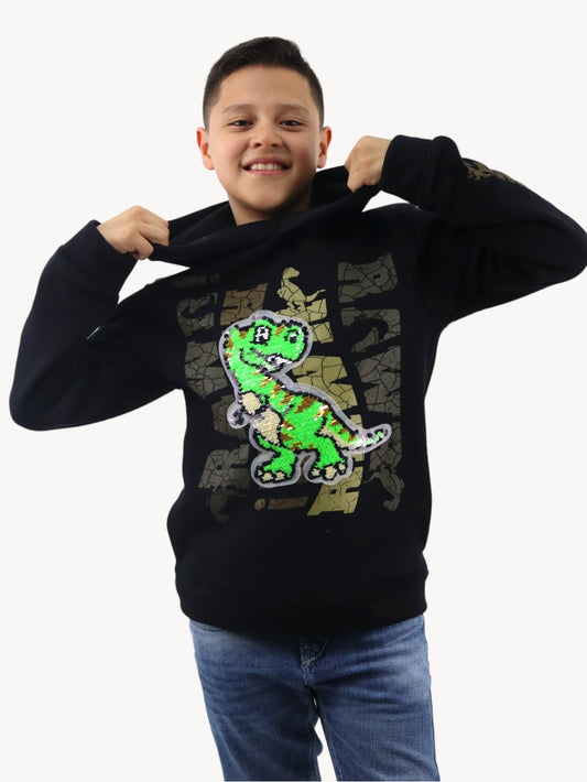 Sudadera cerrada de color negro con figura de dinosaurio