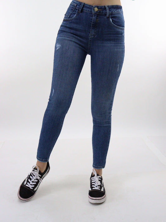 Jeans skinny tiro alto de color azul oscuro con destrucción (NUEVA TEMPORADA)