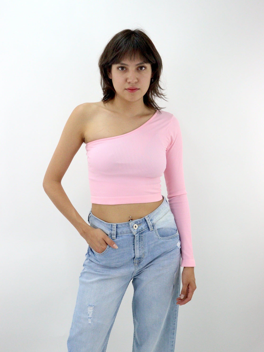 Blusa licra 1 manga de color rosa