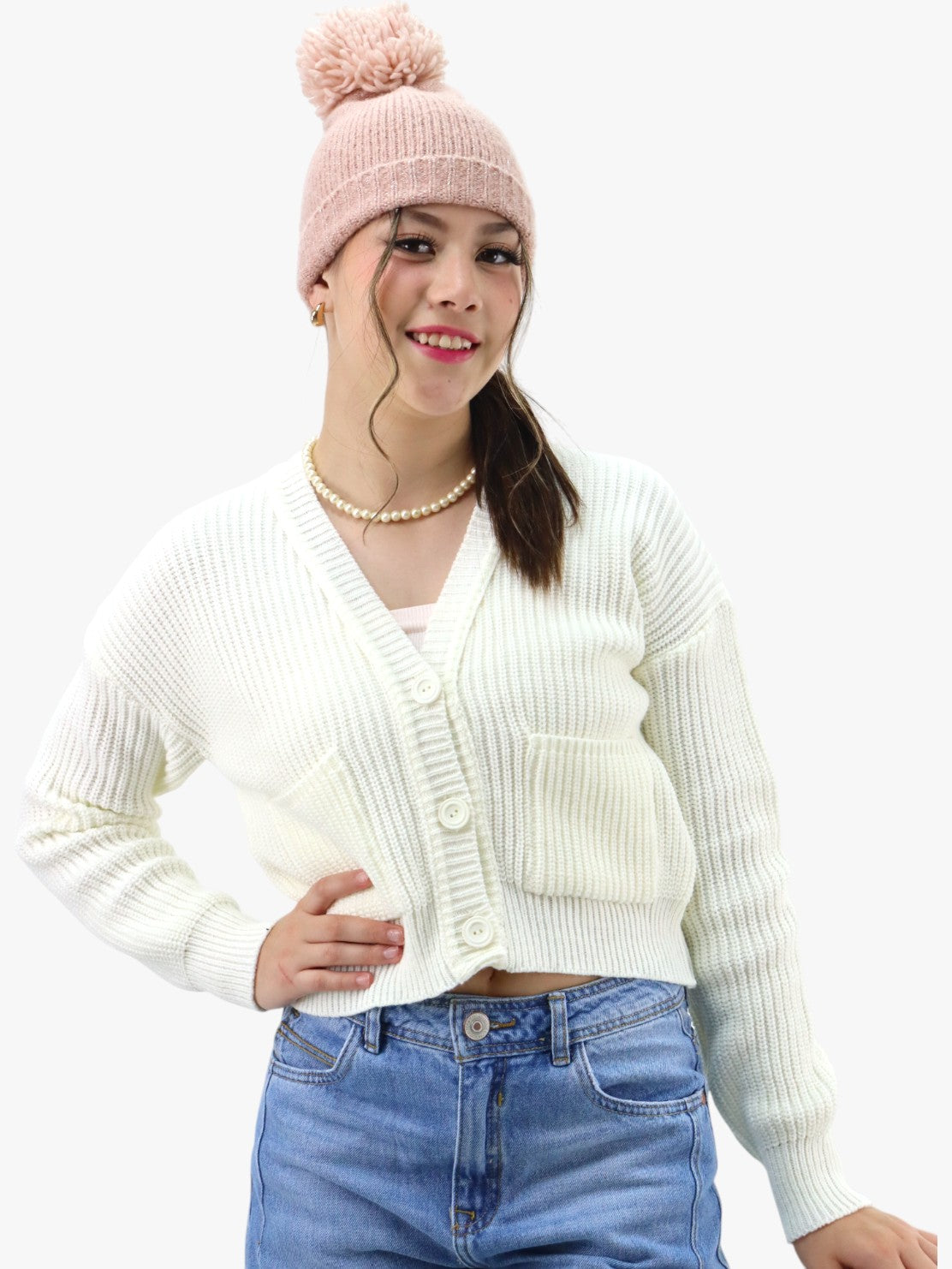 Suéter con Botones y Bolsillos al Frente hueso