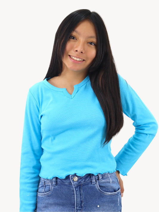 Playera manga larga azul turquesa