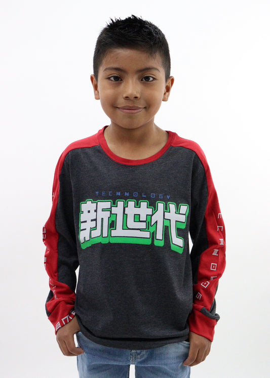 Playera manga larga de color combinado con estampado