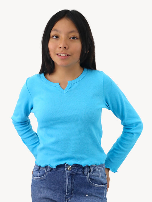 Playera manga larga azul turquesa