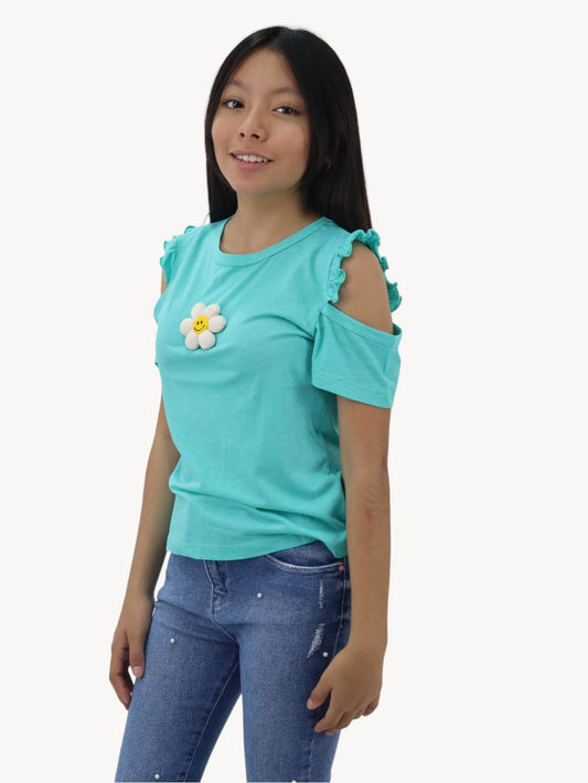 Playera hombro caído con diseño floral