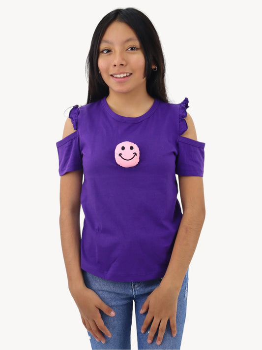 Playera smiley de hombro caído de color morado