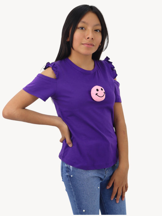 Playera smiley de hombro caído de color morado