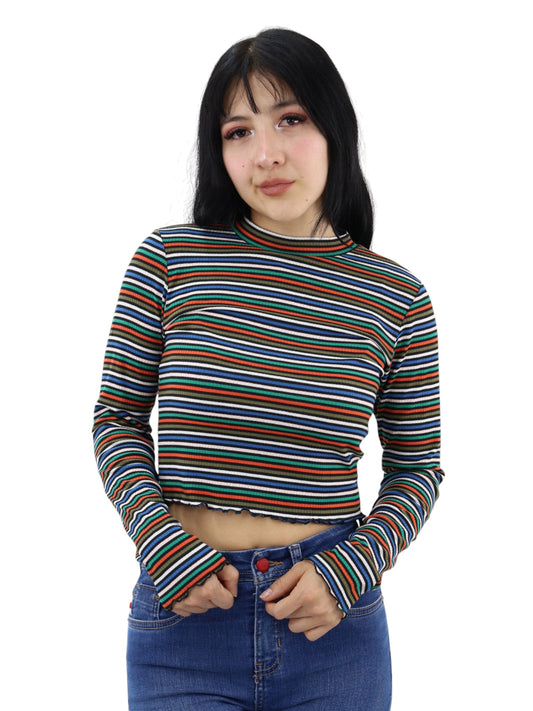 Player manga larga a rayas multicolor con cuello