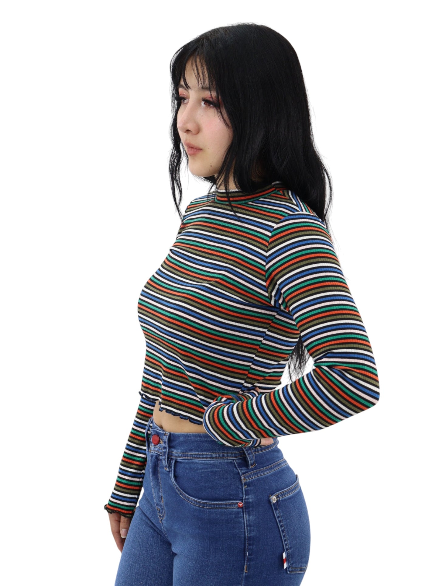 Player manga larga a rayas multicolor con cuello