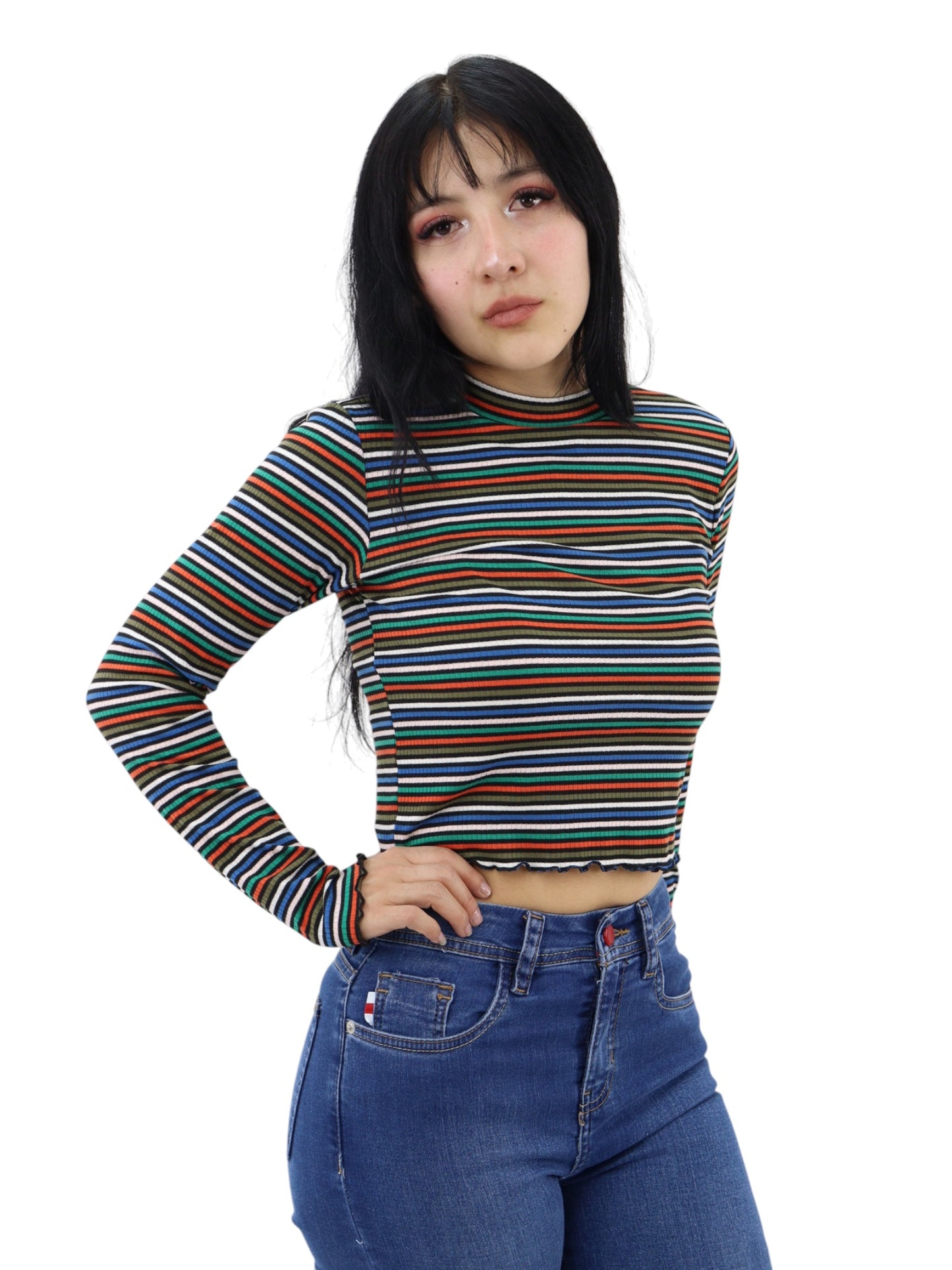 Player manga larga a rayas multicolor con cuello