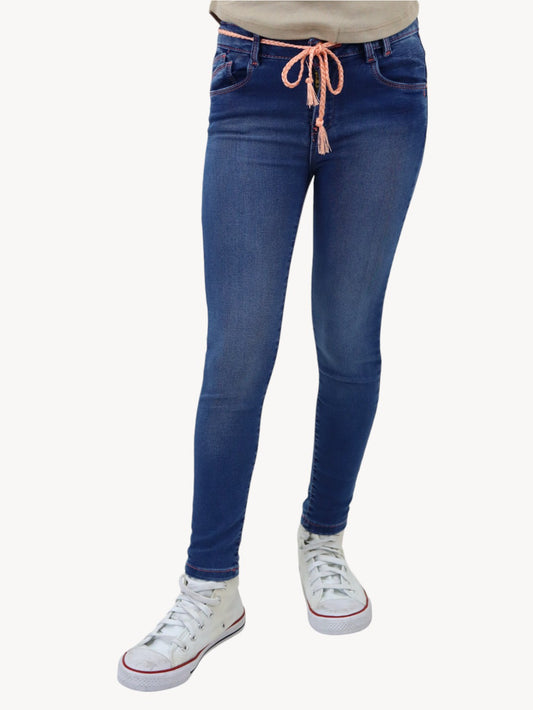 Jeans skinny azul oscuro con cinta decorativa