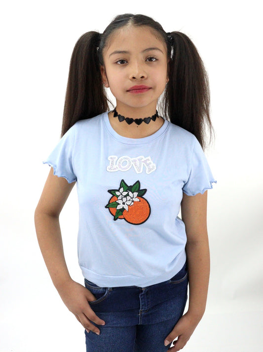 Playera manga corta de color azul con diseño de lentejuela