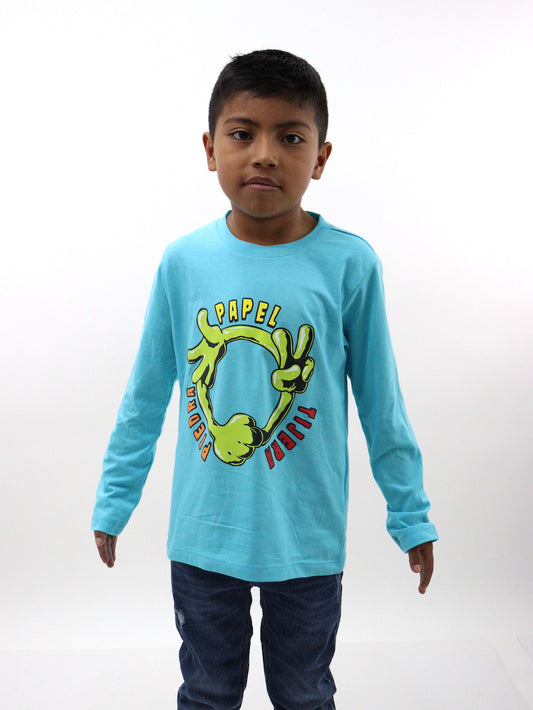 Playera manga larga de color azul con estampado