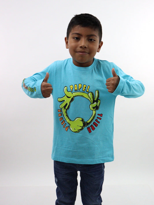 Playera manga larga de color azul con estampado