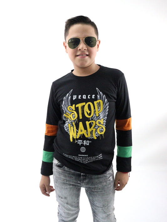 Playera manga larga de color combinado con estampado