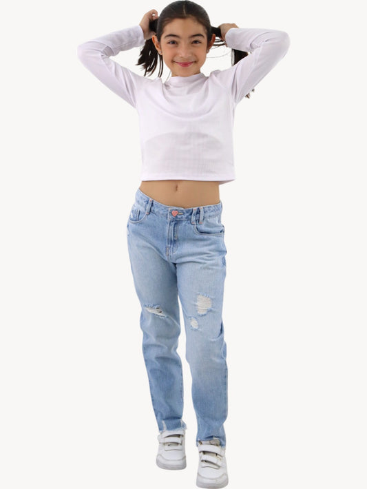 Jeans mom clasic de color azul claro con destrucción