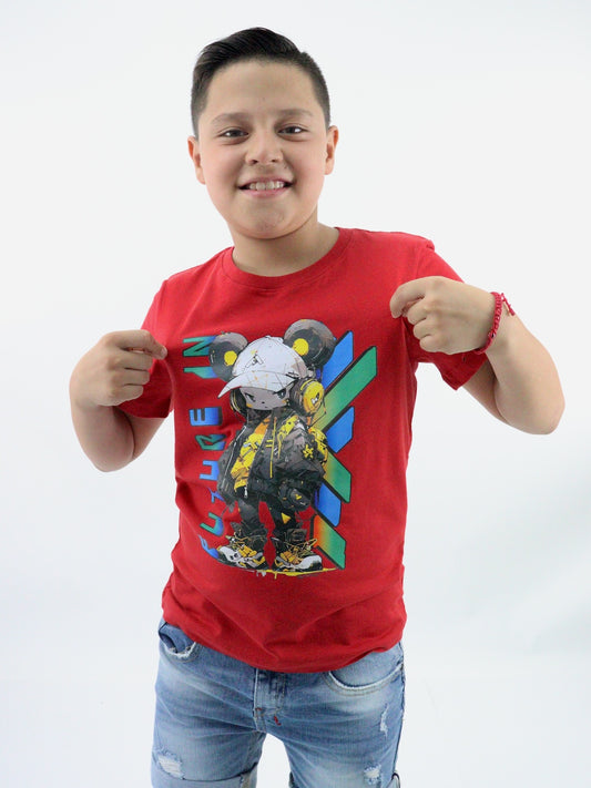 Playera manga corta de color rojo con estampado